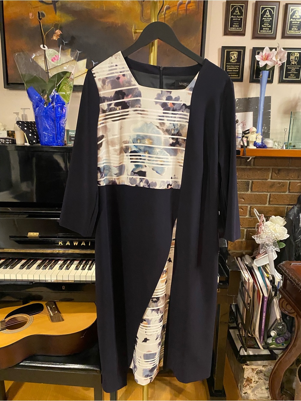 Marina Rinaldi Black and Ivory Floral-Panel Long Sleeve Dress